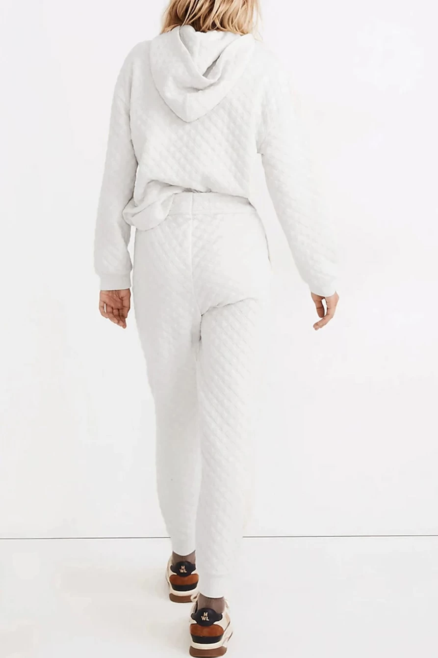 Shewin Women's White Quilted Hoodie and Jogger Pants Set - Comfortable Drawstring Lounge Wear
