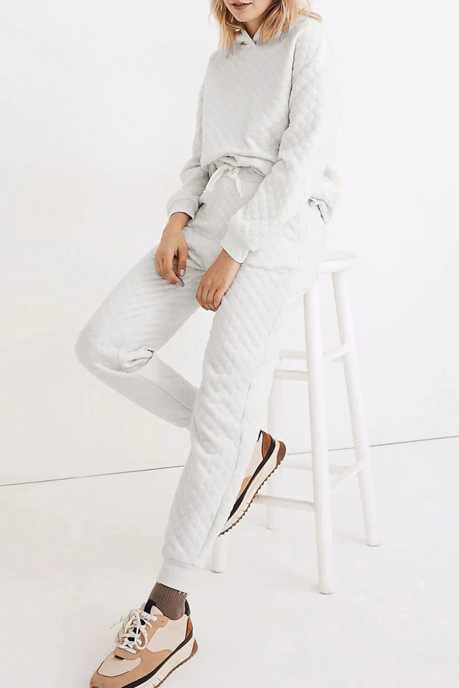 Shewin Women's White Quilted Hoodie and Jogger Pants Set - Comfortable Drawstring Lounge Wear