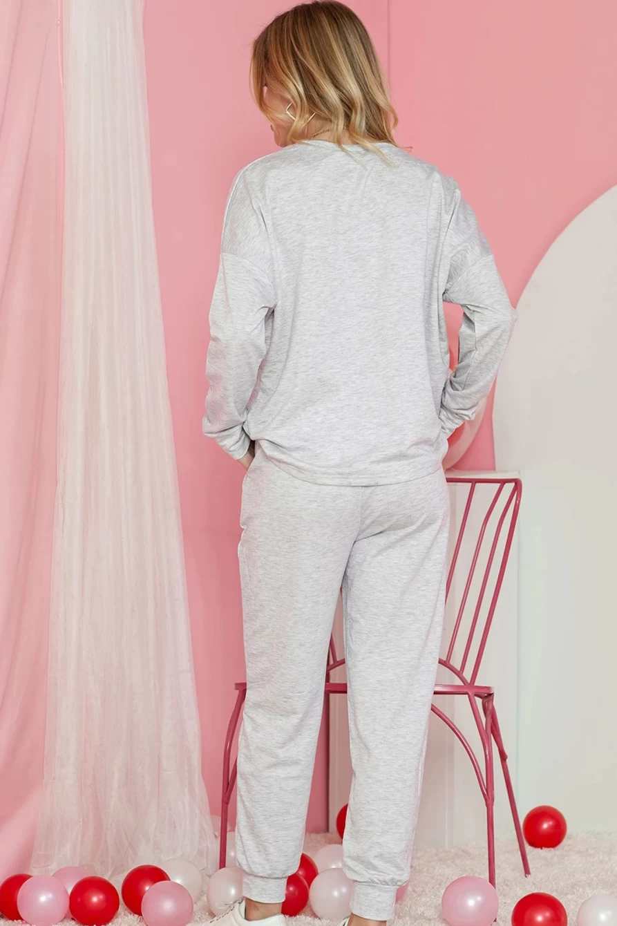 "SheWin Women's Gray Sequins Heart Print Pajama Set with Drawstring Pants"