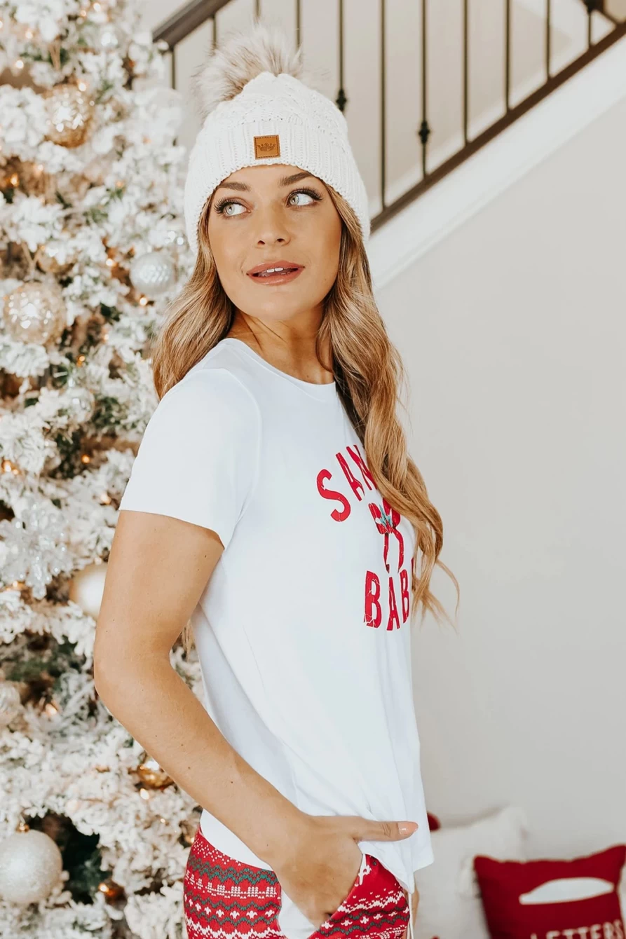 "SheWin Women's White Santa Baby Gift Bow Christmas Graphic T-Shirt"