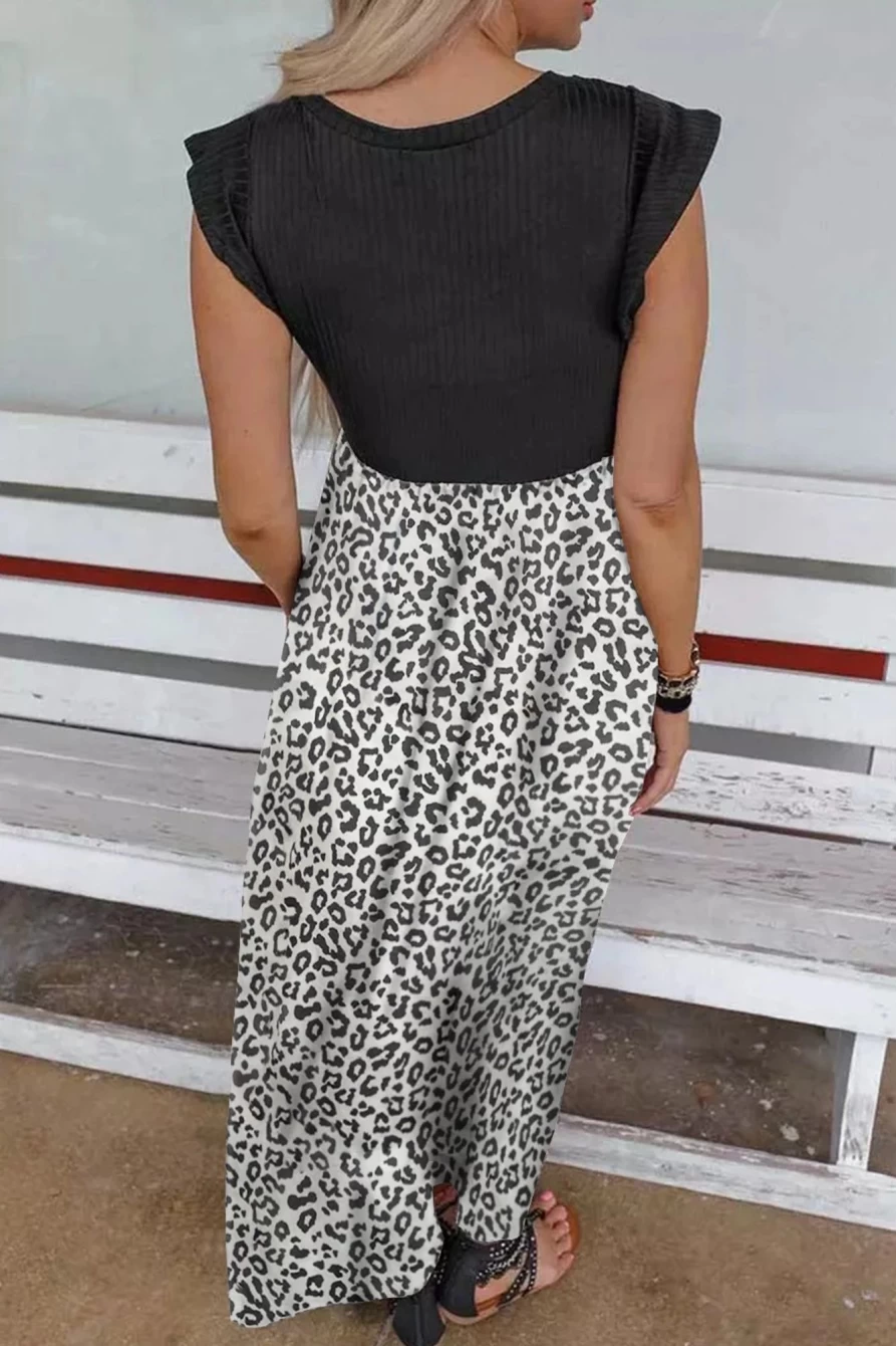 Shewin Women's Black Leopard Print Cap Sleeve Dress with Pocket