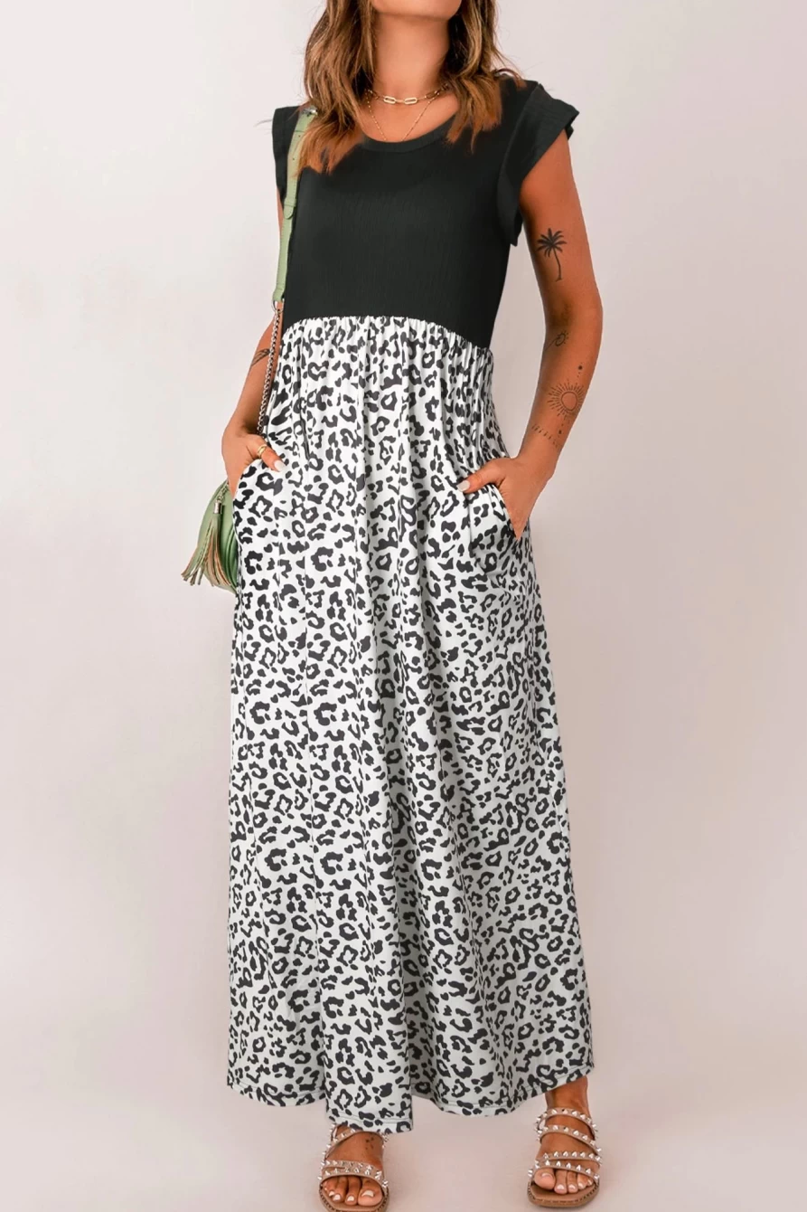 Shewin Women's Black Leopard Print Cap Sleeve Dress with Pocket