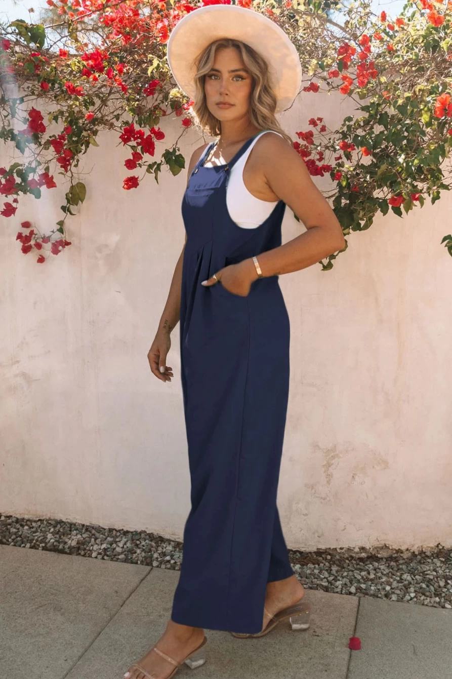 Women's Blue Sleeveless Pleated Wide Leg Jumpsuit - Shewin Dark Summer Boho Romper