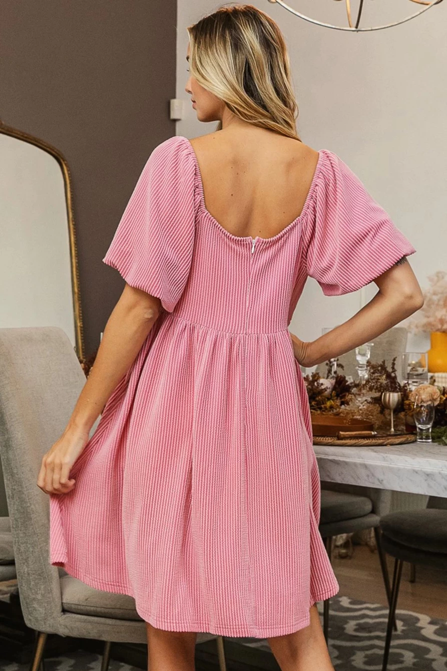 Shewin Women's Peach Blossom Ribbed Mini Dress with Lantern Sleeves and High Waist