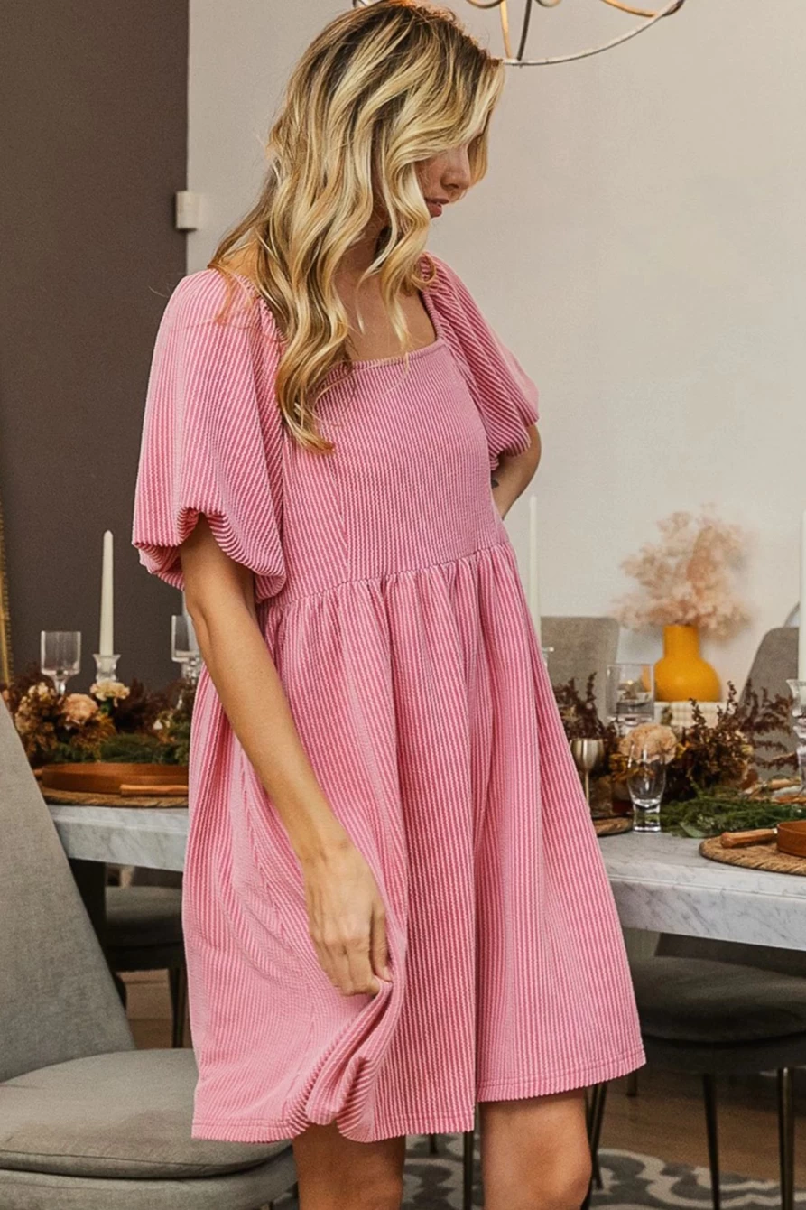 Shewin Women's Peach Blossom Ribbed Mini Dress with Lantern Sleeves and High Waist