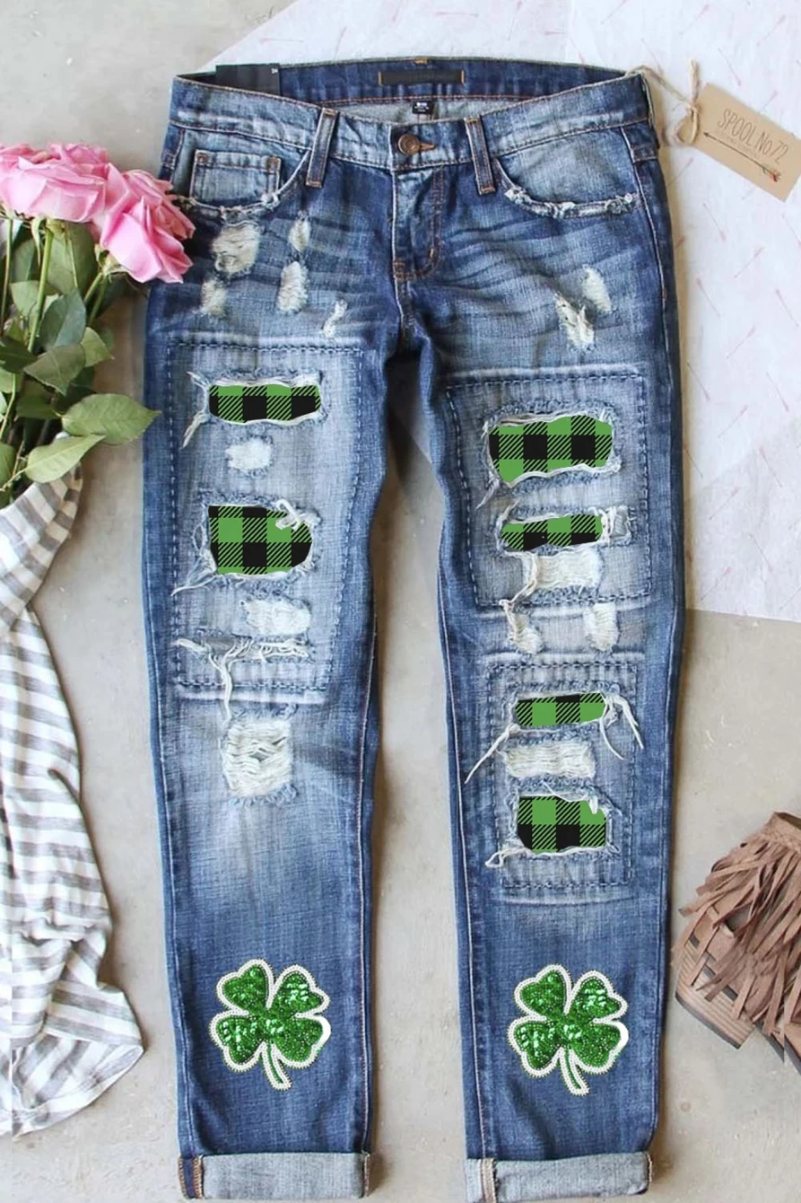 Shewin Women's Sky Blue Distressed Jeans with Glitter Clover Patch & Plaid Graphic Insert