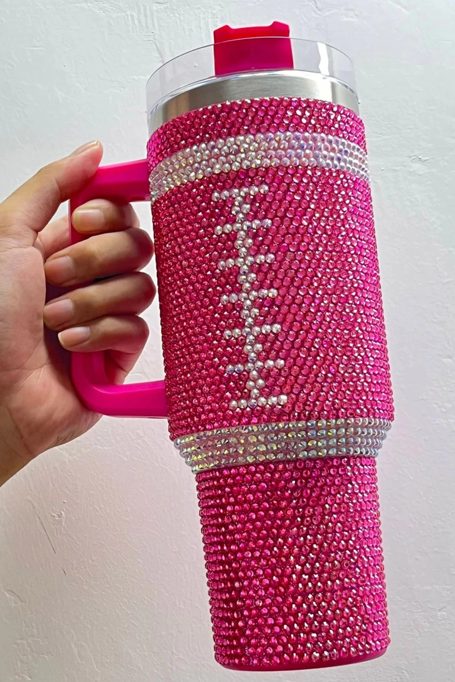 Shewin Women's Rose Red 304 Stainless Steel Tumbler with Contrast Rhinestone Rugby Design