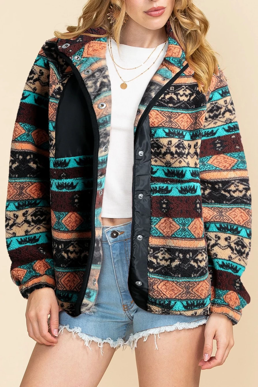 Shewin Women's Black Geometric Colorblock Sherpa Jacket with Snap Buttons