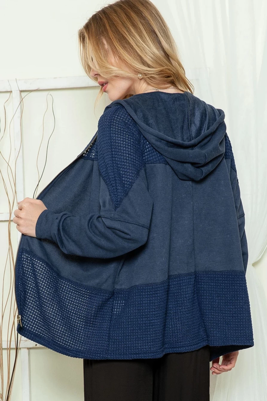 "Shewin Women's Blue Denim Hooded Zip-Up Jacket with Patchwork Design"