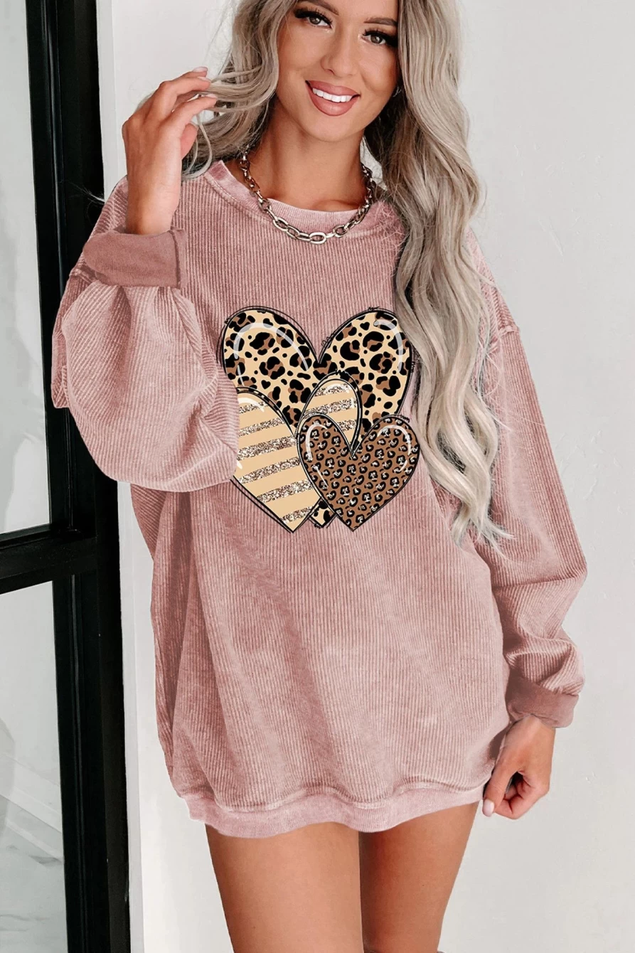 Shewin Women's Pink Leopard Print Heart Oversized Graphic Sweatshirt - Long Sleeve Casual Pullover