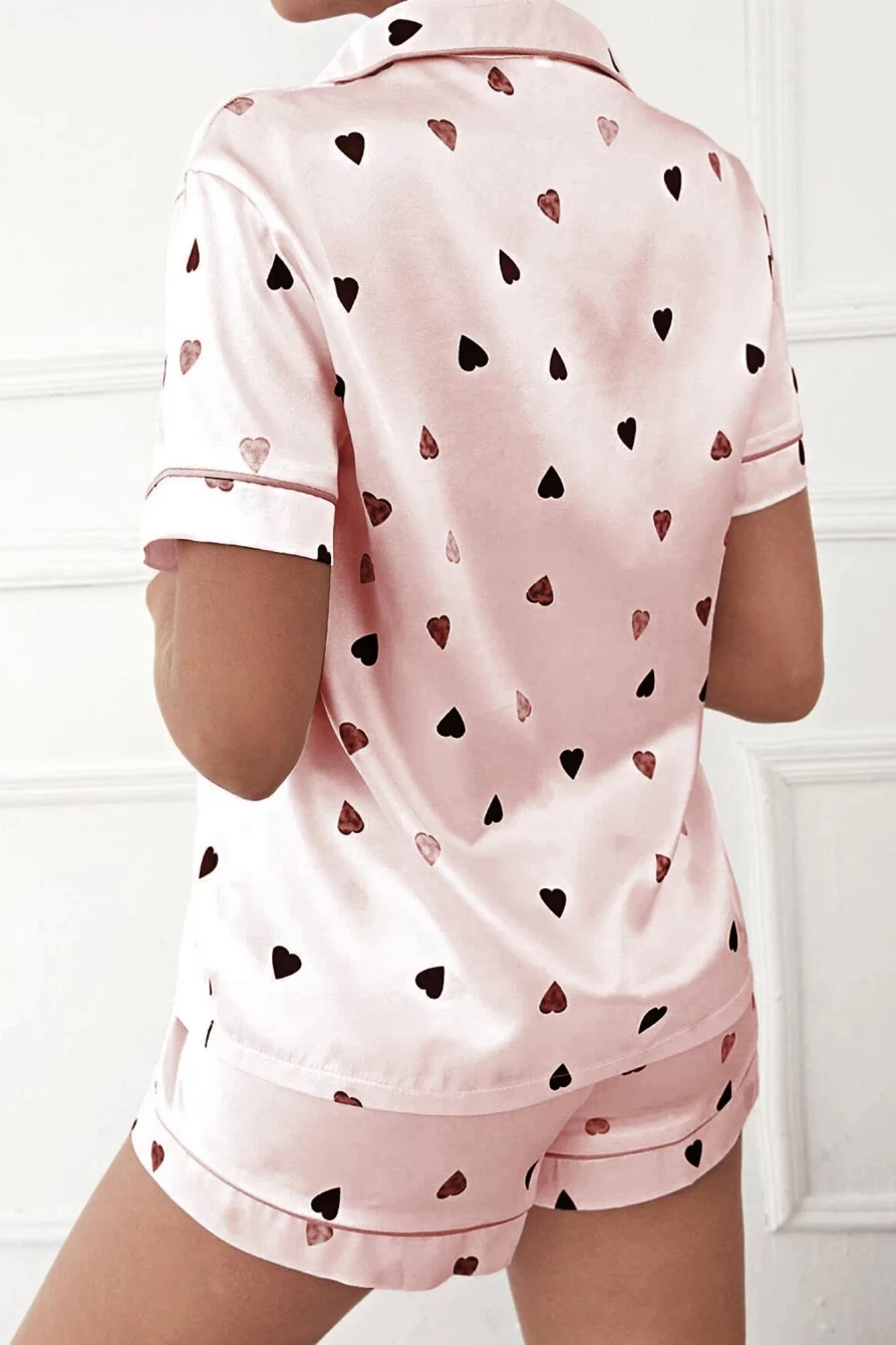 Women's Pink Heart Print Lounge Set - Shewin Pocket Shirt & Elastic Shorts