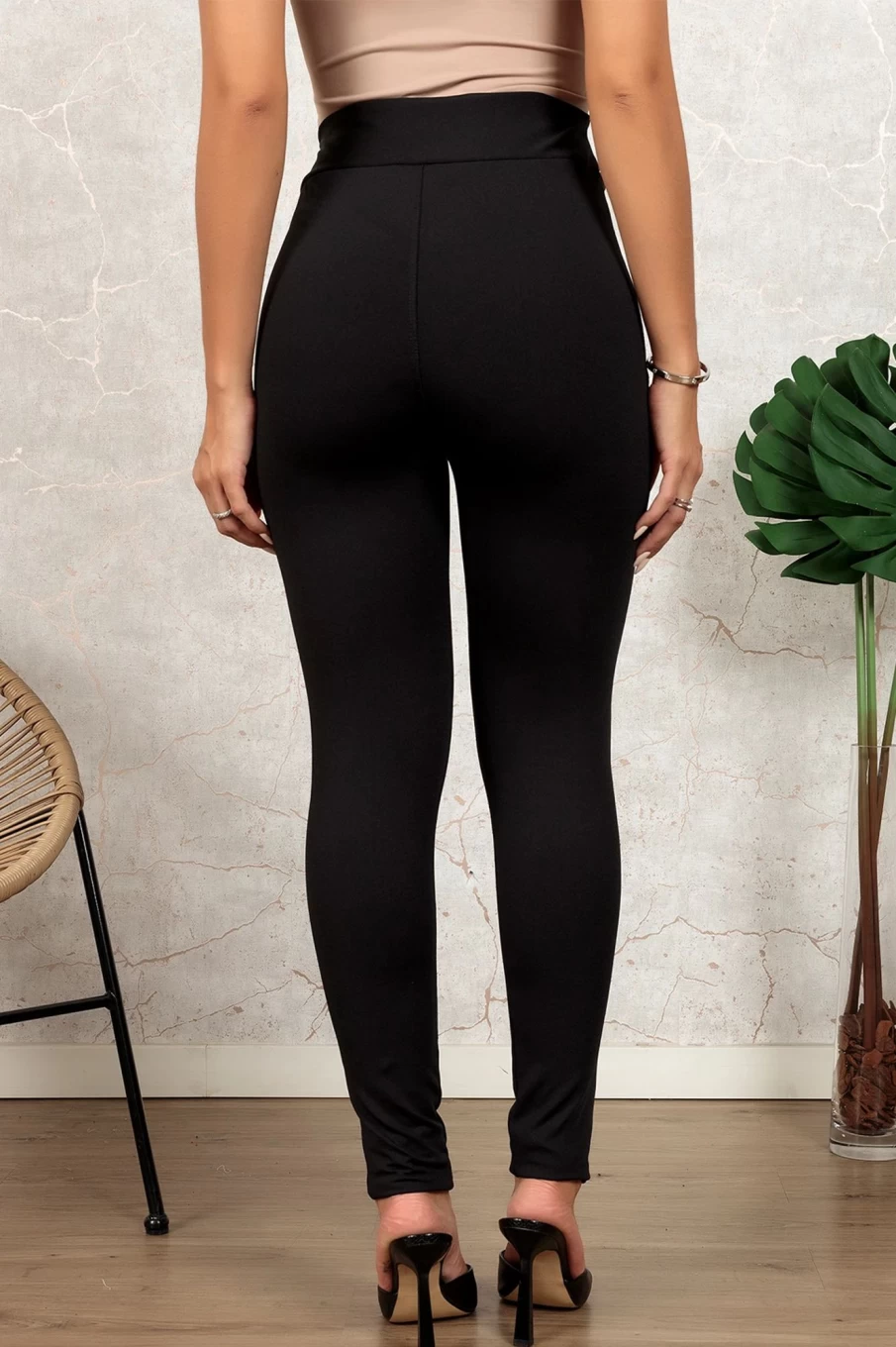 Shewin Women's Black High Waist Leather Panel Patchwork Leggings