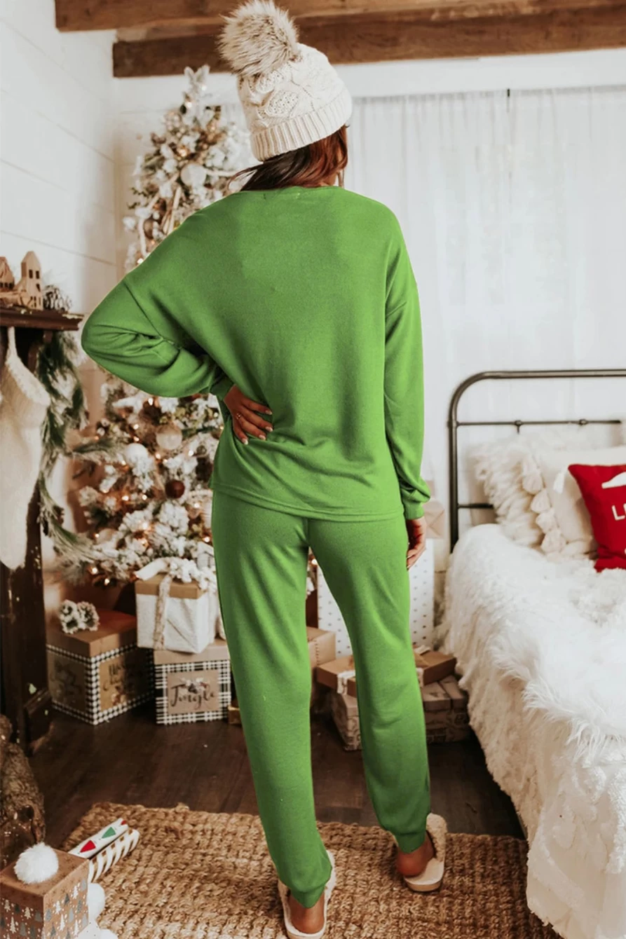 Shewin Women's Spinach Green Christmas Candy Cane Graphic Lounge Set - Cozy Holiday Pajamas
