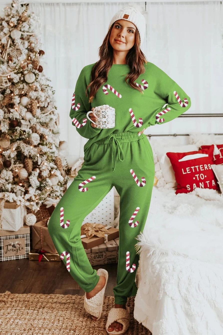 Shewin Women's Spinach Green Christmas Candy Cane Graphic Lounge Set - Cozy Holiday Pajamas