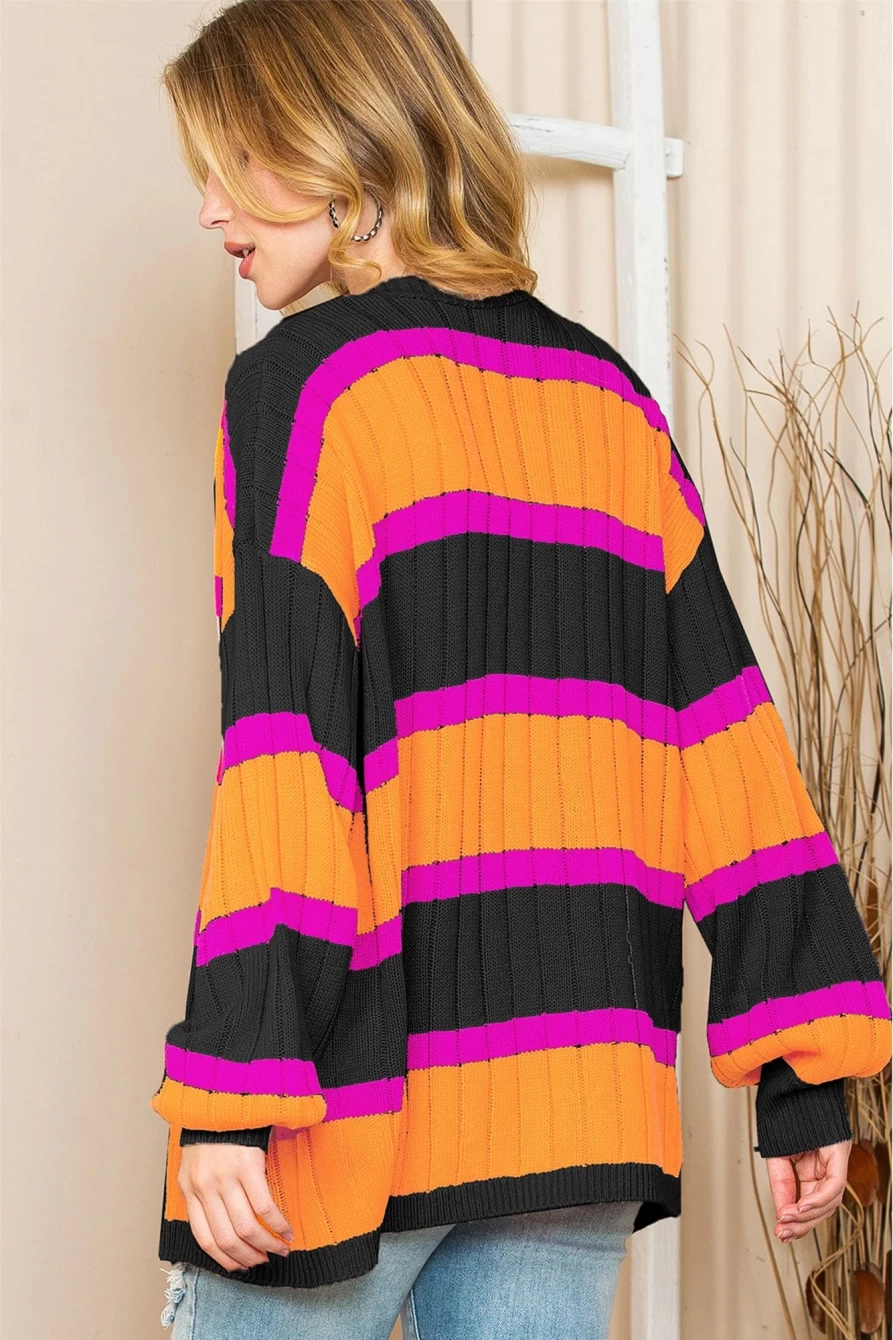 Women's Black Stripe Print Ribbed Knit Sweater Cardigan by Shewin
