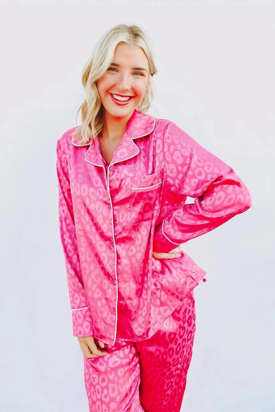 Shewin Women's Rose Satin Leopard Print Pajama Set with Shirt & Pocketed Pants