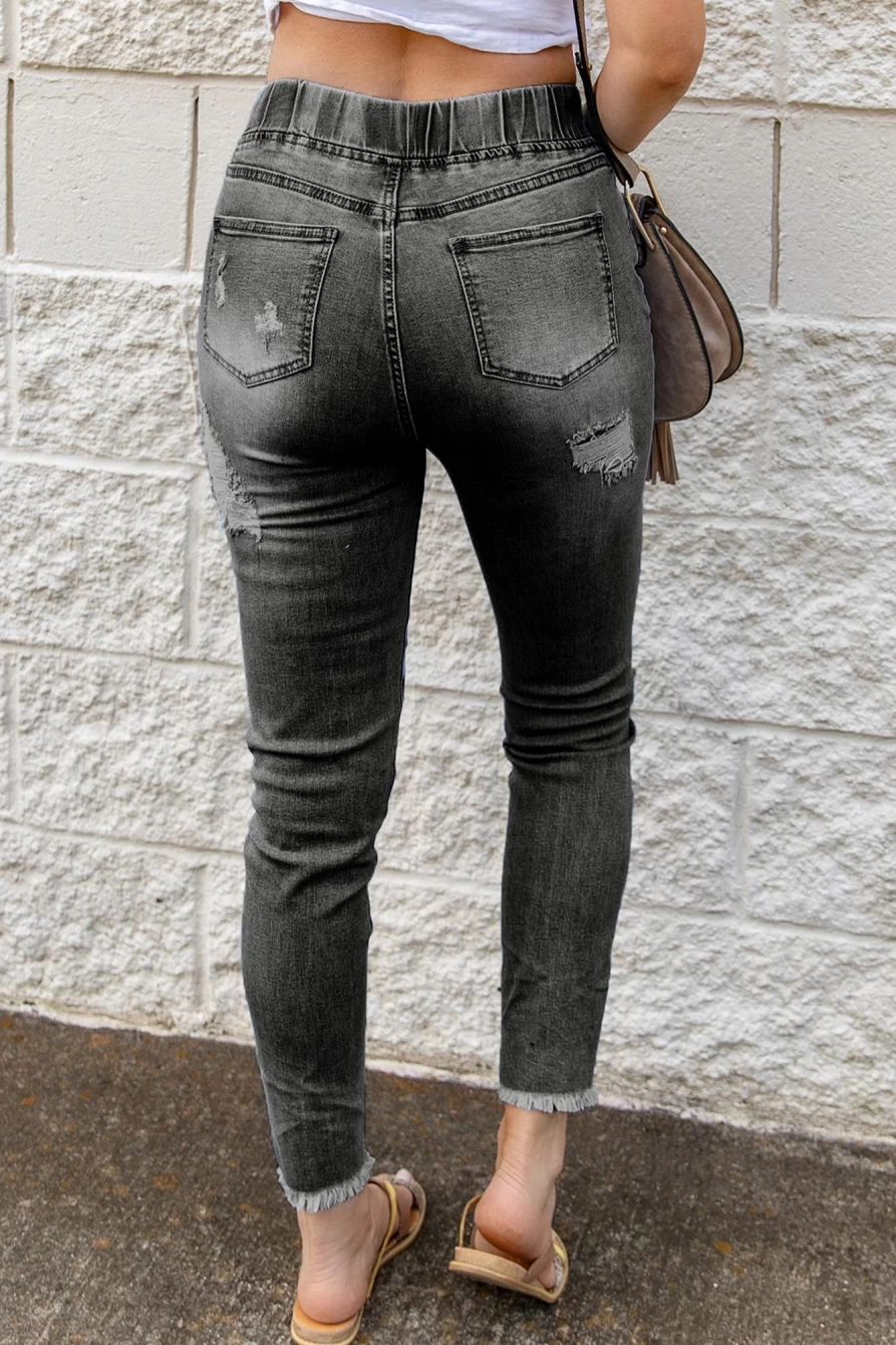 Shewin Women's Gray Distressed Drawstring Elastic Waist Jeans
