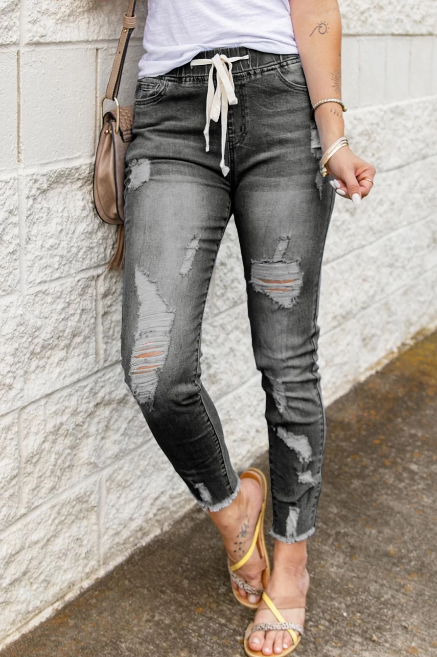 Shewin Women's Gray Distressed Drawstring Elastic Waist Jeans