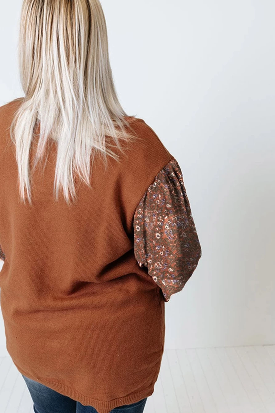Shewin Women's Brown Plus Size Casual Floral Print Ribbed Sweater with Spliced Sleeves
