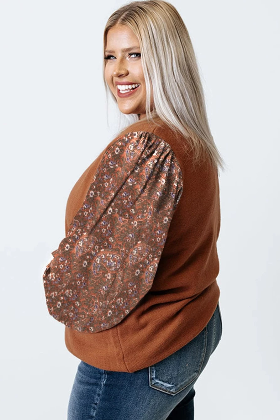 Shewin Women's Brown Plus Size Casual Floral Print Ribbed Sweater with Spliced Sleeves