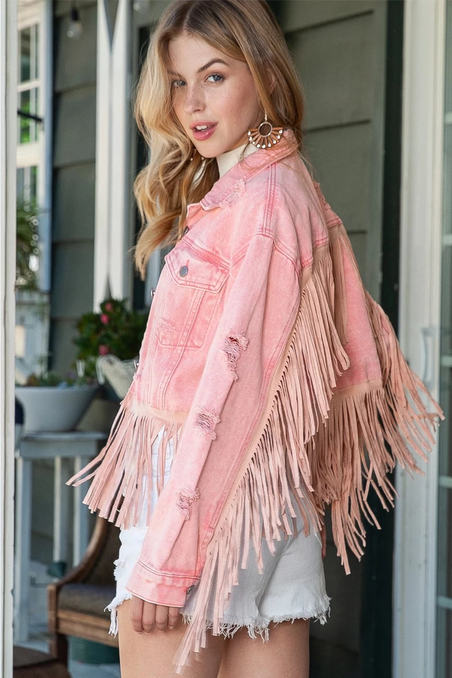 "SheWin Women's Pink Distressed Cropped Denim Jacket with Ripped Fringe Hem"