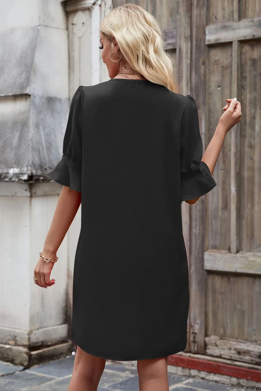 Shewin Women's Black Lace V-Neck Ruffle Sleeve Mini Dress with Contrast Detailing