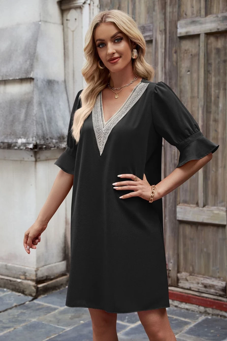 Shewin Women's Black Lace V-Neck Ruffle Sleeve Mini Dress with Contrast Detailing