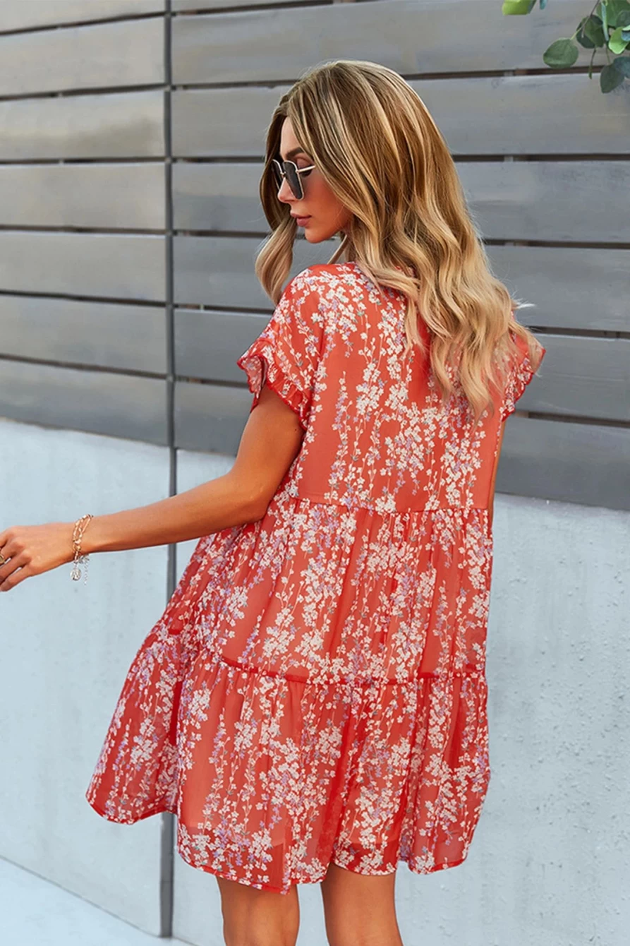 Shewin Women's Red Floral Print V-Neck Ruffle Short Sleeve Dress