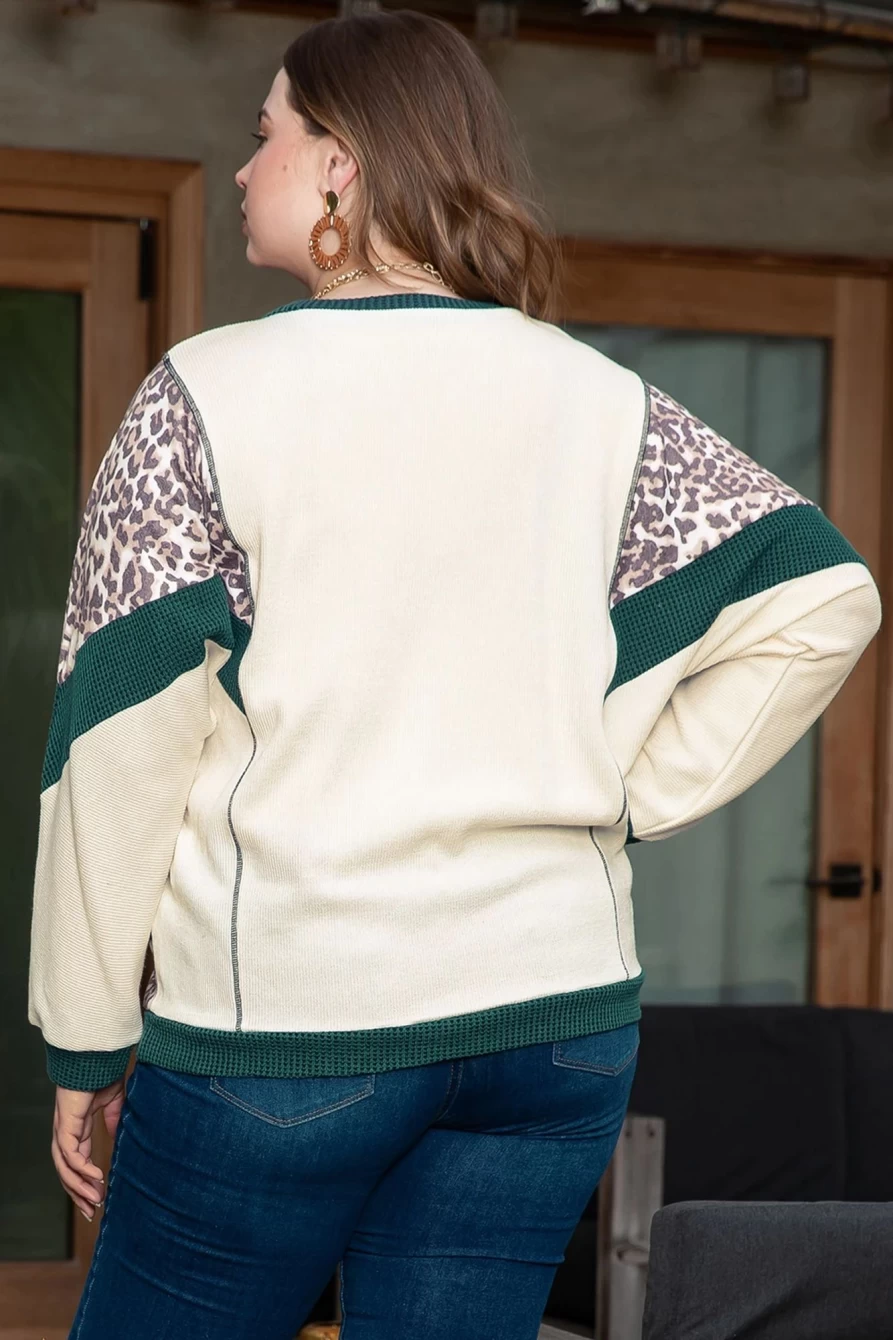 Shewin Women's Plus Size Leopard Colorblock Patchwork Dolman Sleeve Multicolor Top