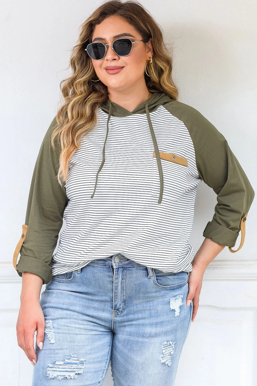Shewin Women's Green Striped Plus Size Hoodie with Raglan Sleeves and Pocket