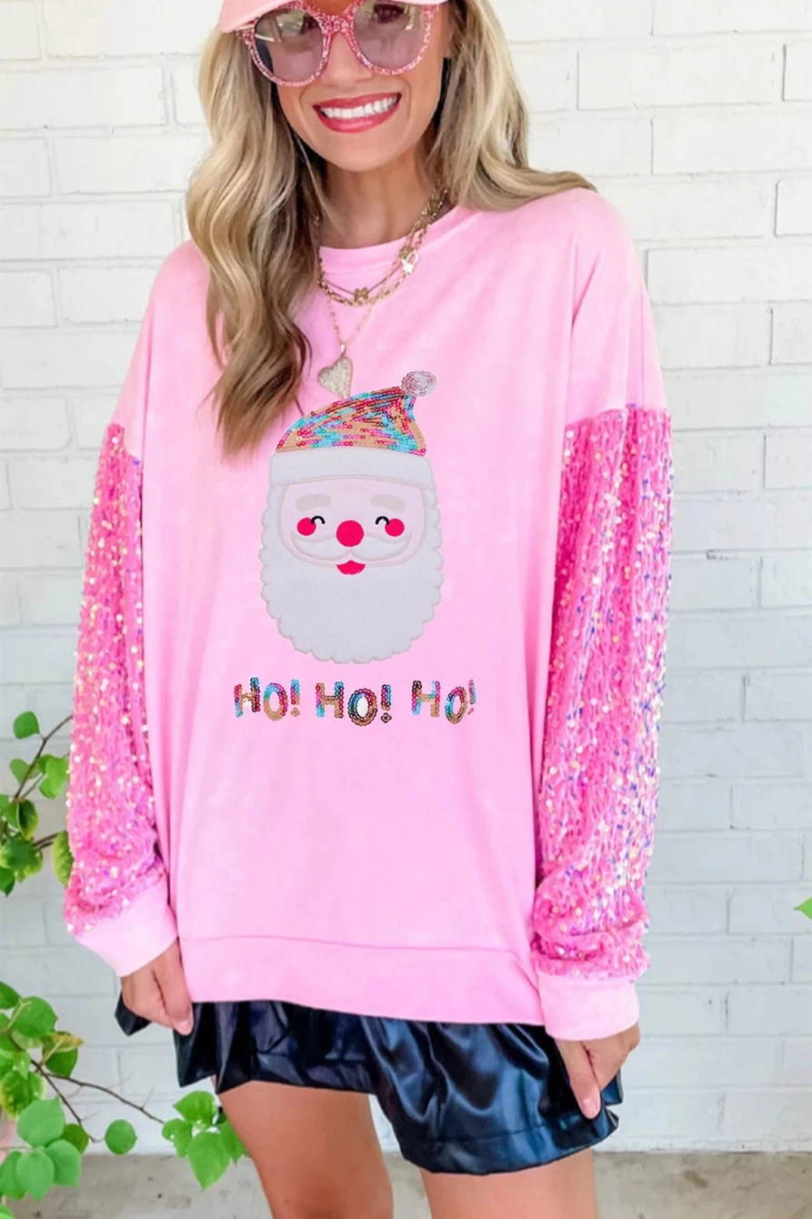 Shewin Women's Pink Ho Ho Ho Sequin Sleeve Mineral Washed Graphic Sweatshirt - Festive Holiday Pullover with Sparkly Details