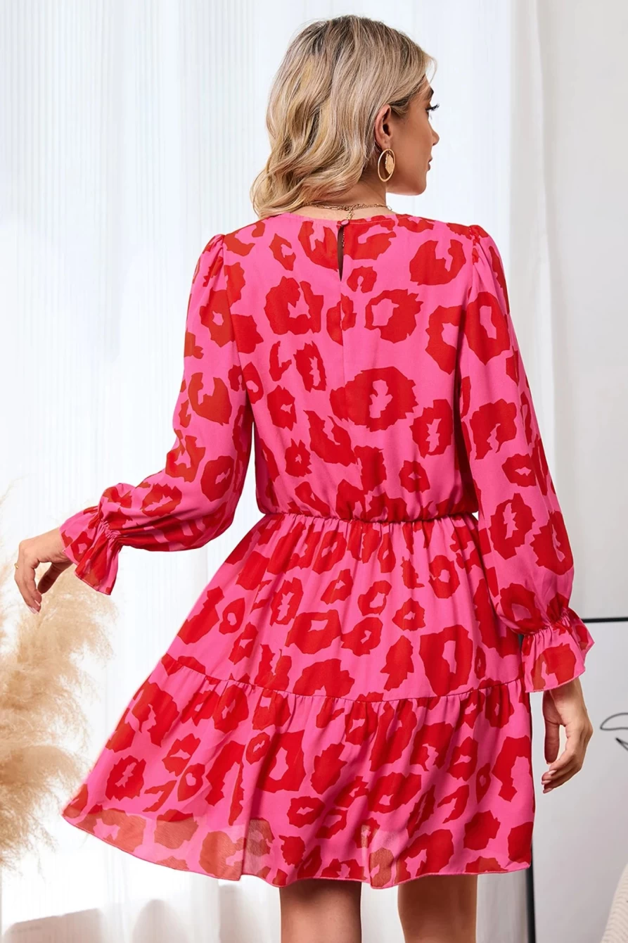 Shewin Women's Rose Leopard Print Ruffle Long Sleeve Short Dress