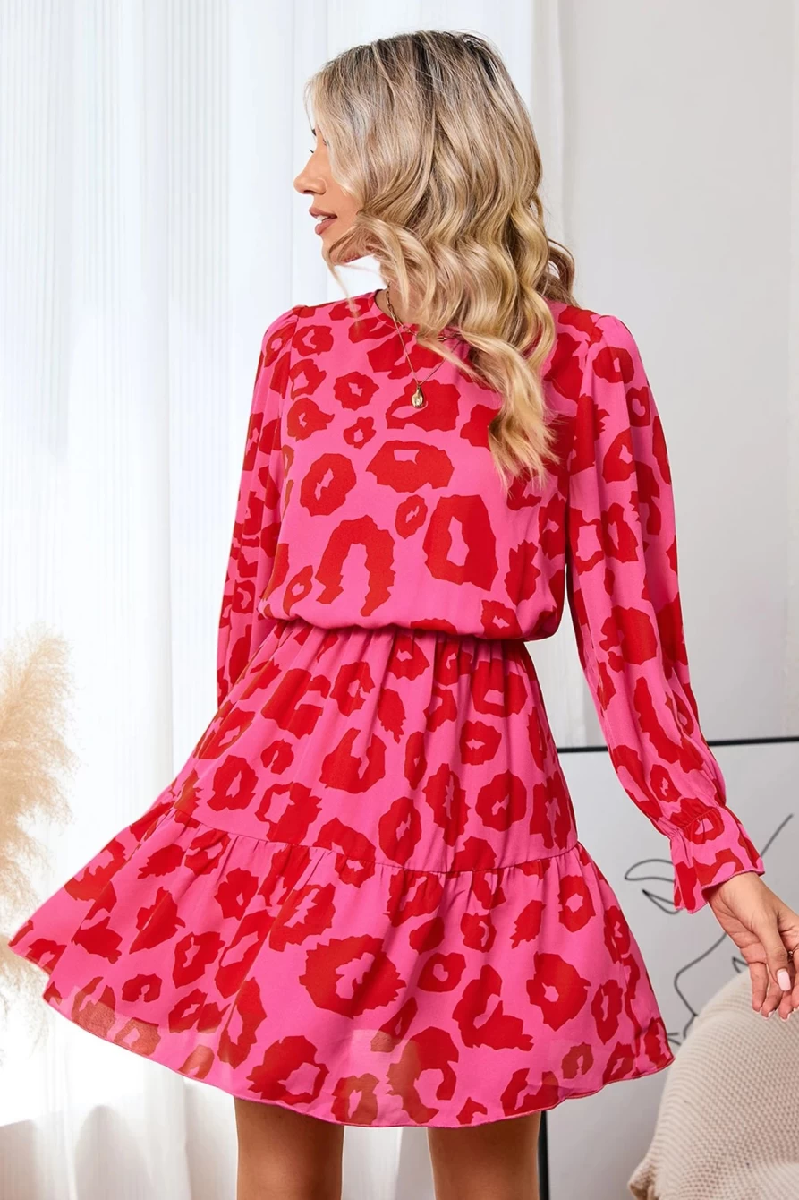 Shewin Women's Rose Leopard Print Ruffle Long Sleeve Short Dress