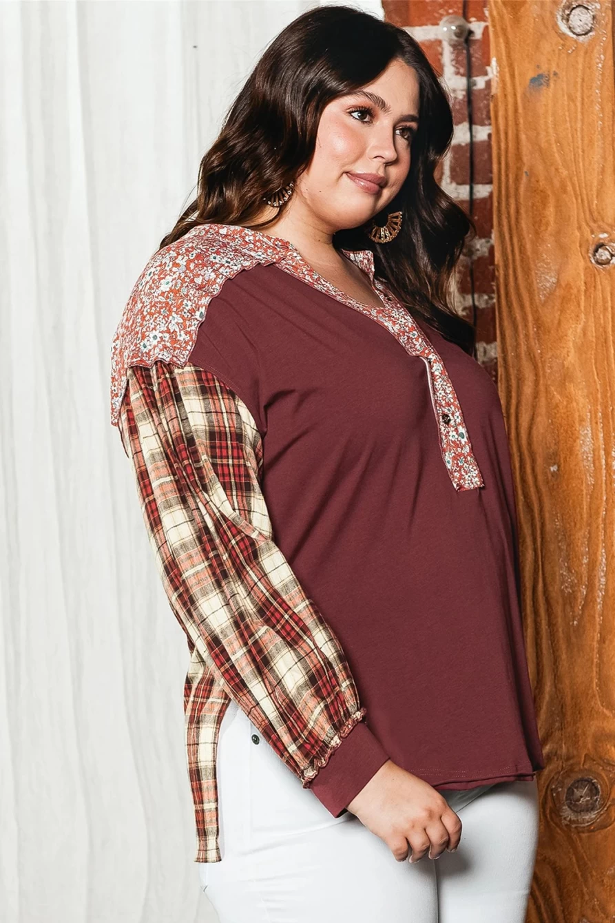 "Shewin Women's Plus Size Red Dahlia Mixed Print Half Button Pullover Top"