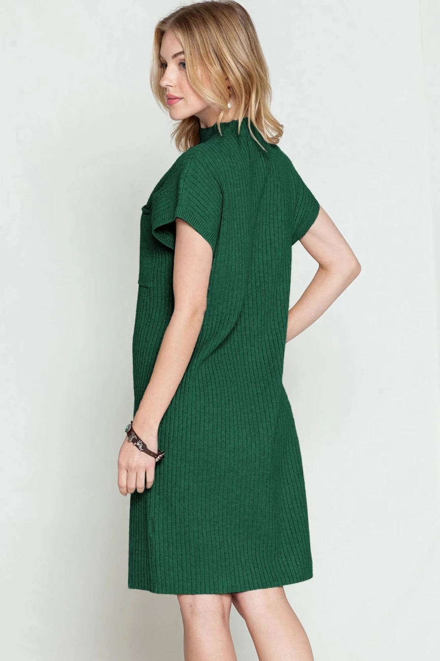 Shewin Women's Blackish Green Patch Pocket Knit Short Sleeve Sweater Dress