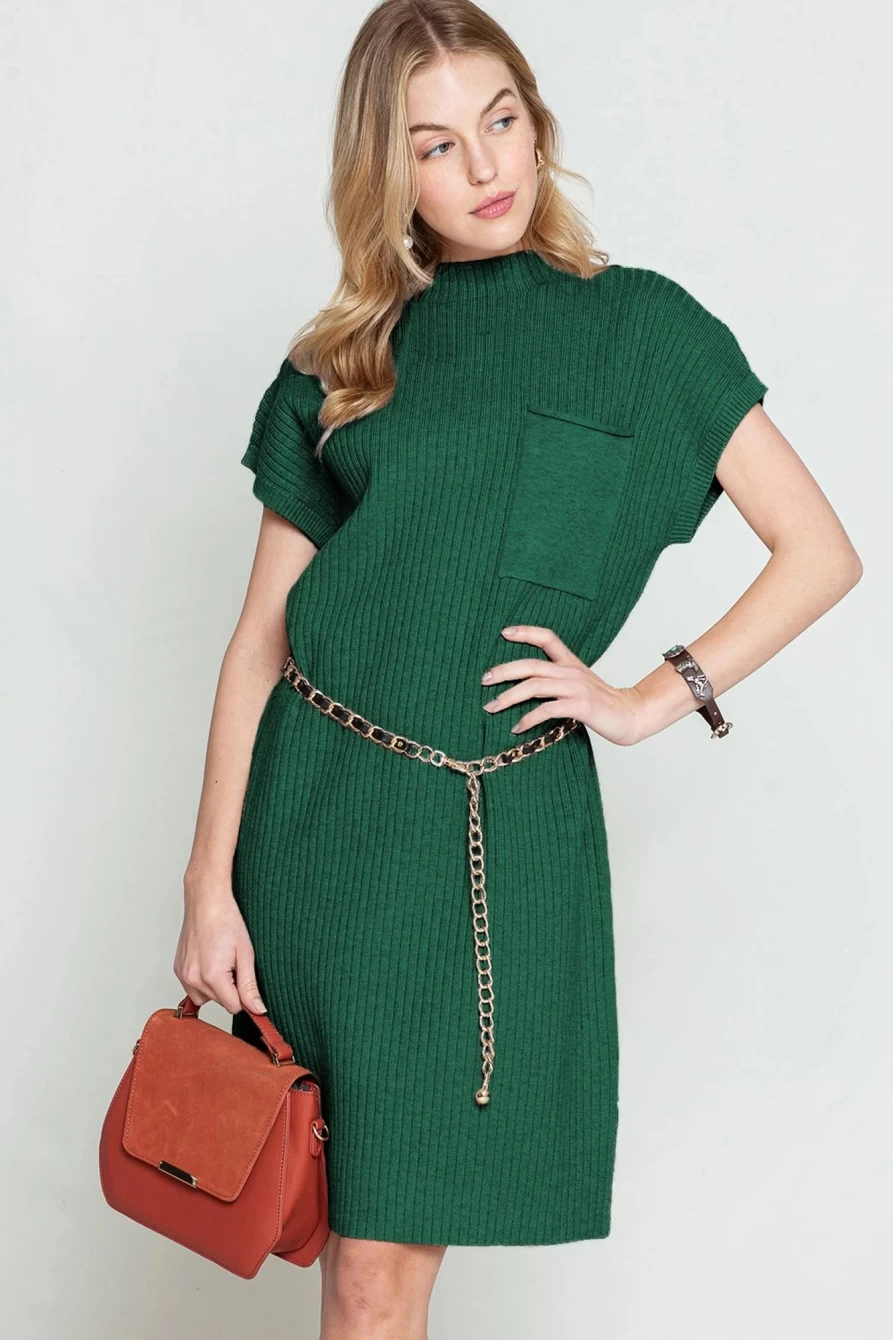 Shewin Women's Blackish Green Patch Pocket Knit Short Sleeve Sweater Dress