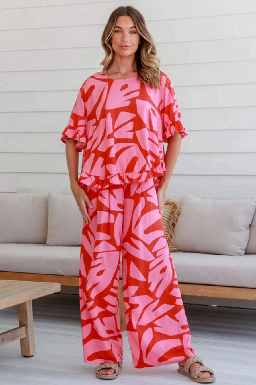 "SheWin Women's Strawberry Pink Abstract Print Ruffle Hem Tee & Wide Leg Pants Set"