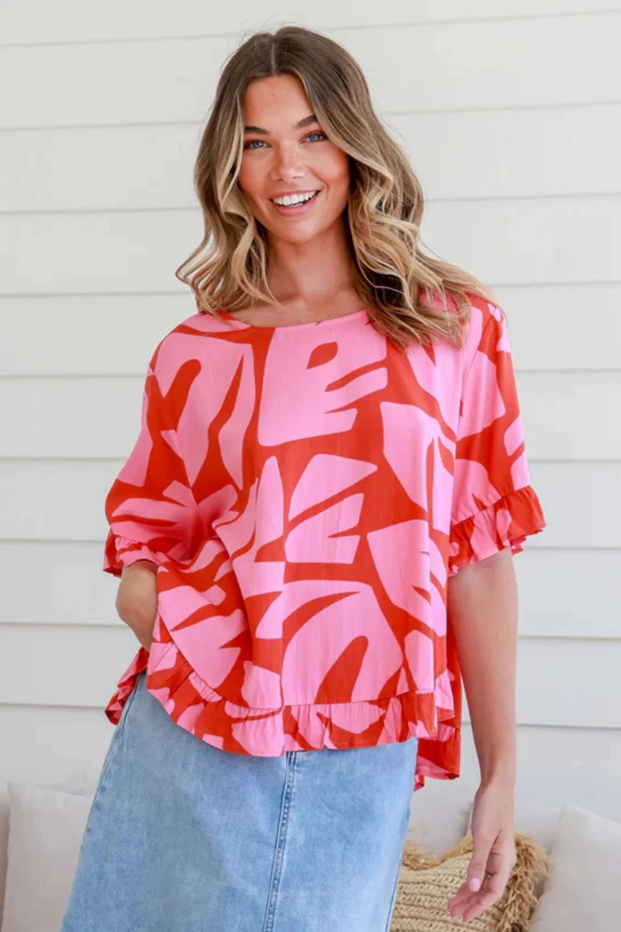 "SheWin Women's Strawberry Pink Abstract Print Ruffle Hem Tee & Wide Leg Pants Set"