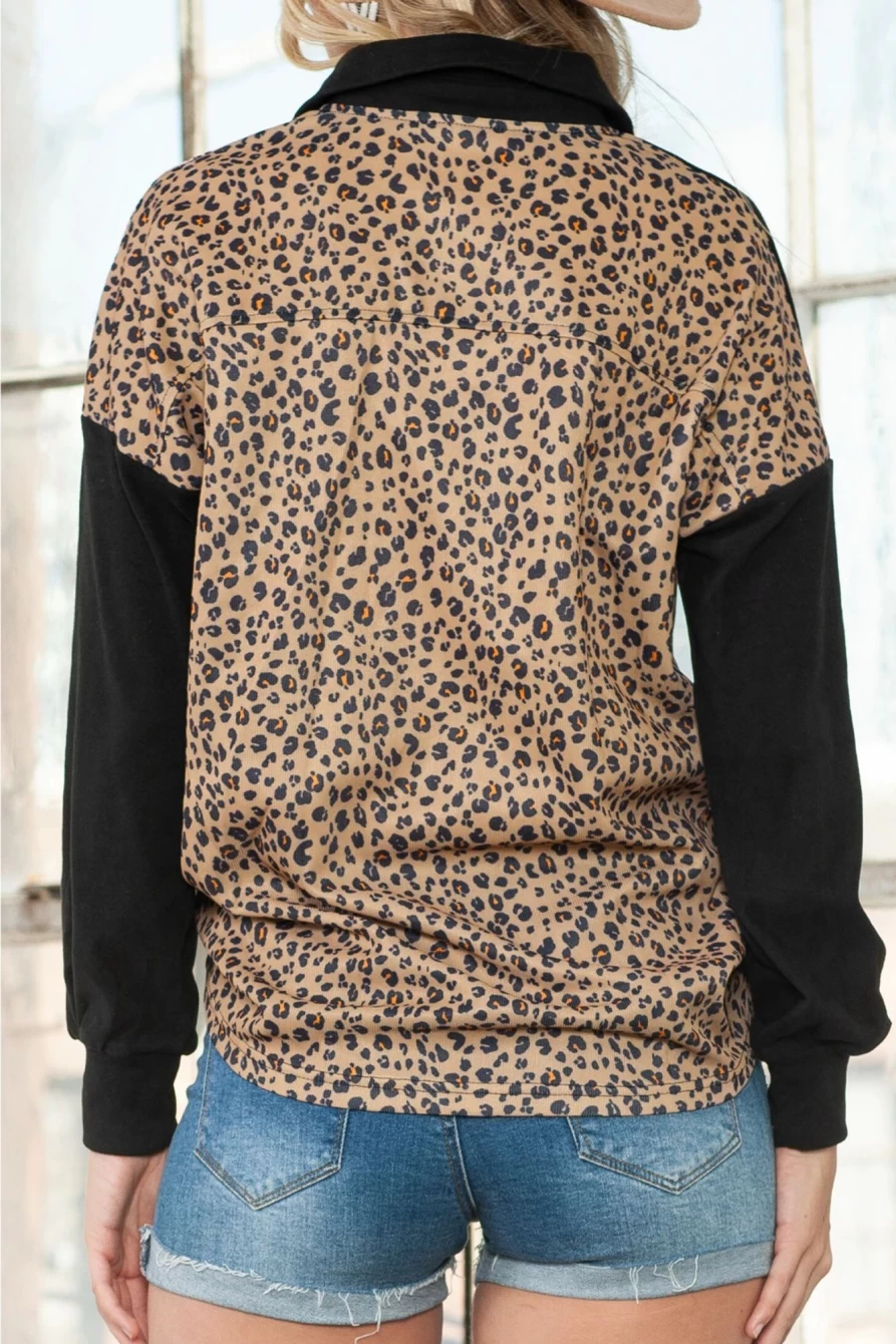 Shewin Women's Black Casual Leopard Print Patchwork Shacket