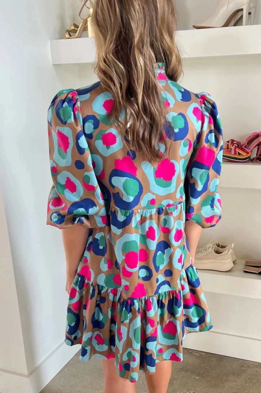 Shewin Women's Green Leopard Print Mini Dress with Bubble Sleeves, Frilled V-Neck & Ruffle Details