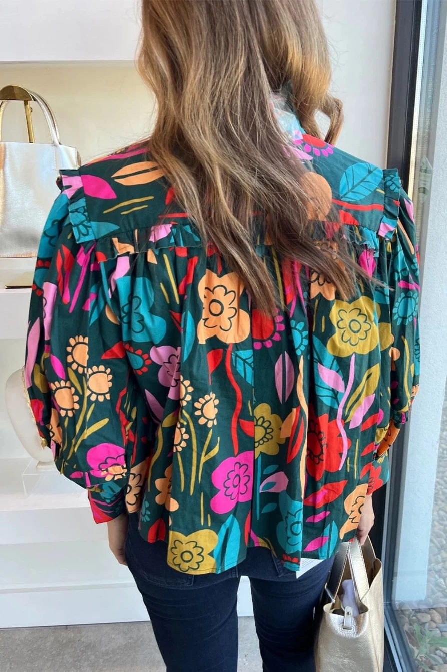 Shewin Women's Green Floral Print Blouse with Knot Detail & Puff Sleeves