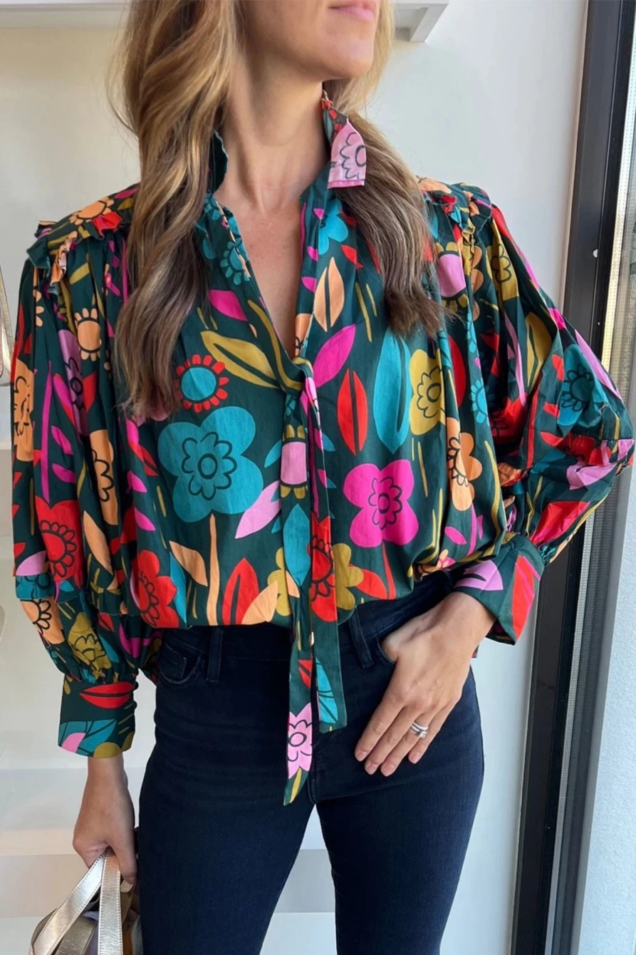 Shewin Women's Green Floral Print Blouse with Knot Detail & Puff Sleeves