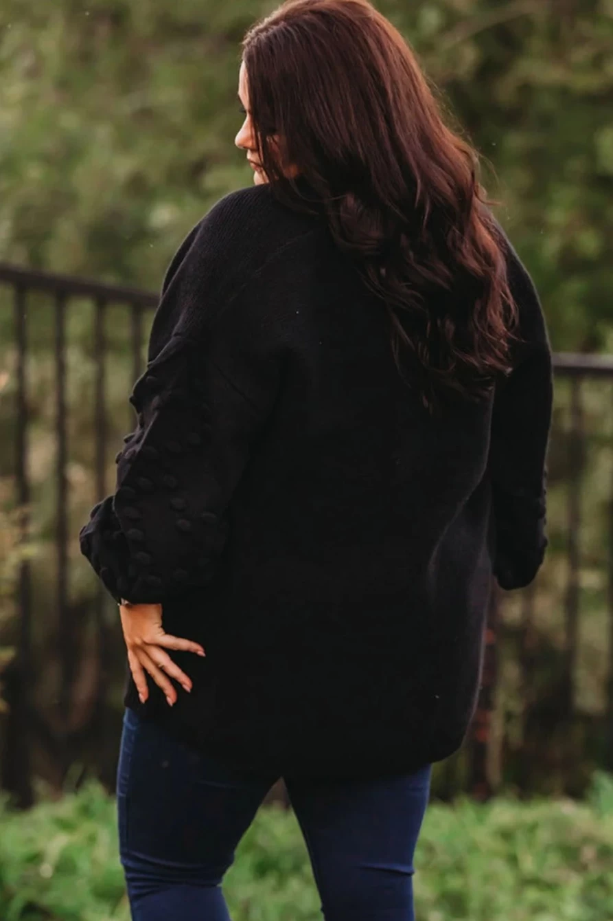 Shewin Women's Black Plus Size Open Front Cardigan with Pom Pom Details
