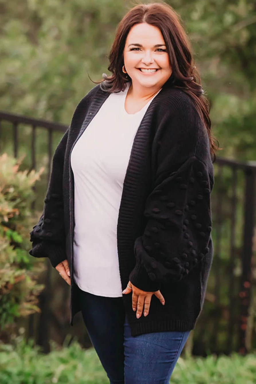 Shewin Women's Black Plus Size Open Front Cardigan with Pom Pom Details