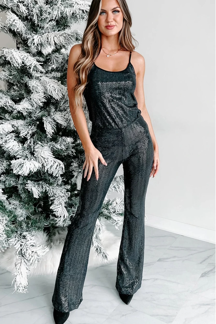 Shewin Women's Black Sequin Camisole & Flare Pants Set - Glam Two-Piece Outfit