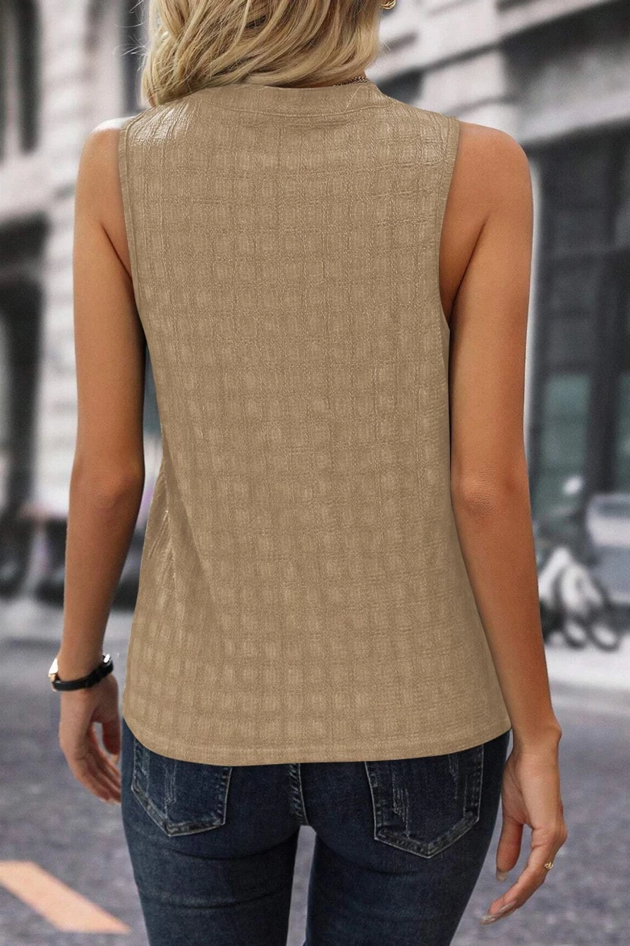 Shewin Women's Light French Beige Textured Split V-Neck Sleeveless Blouse
