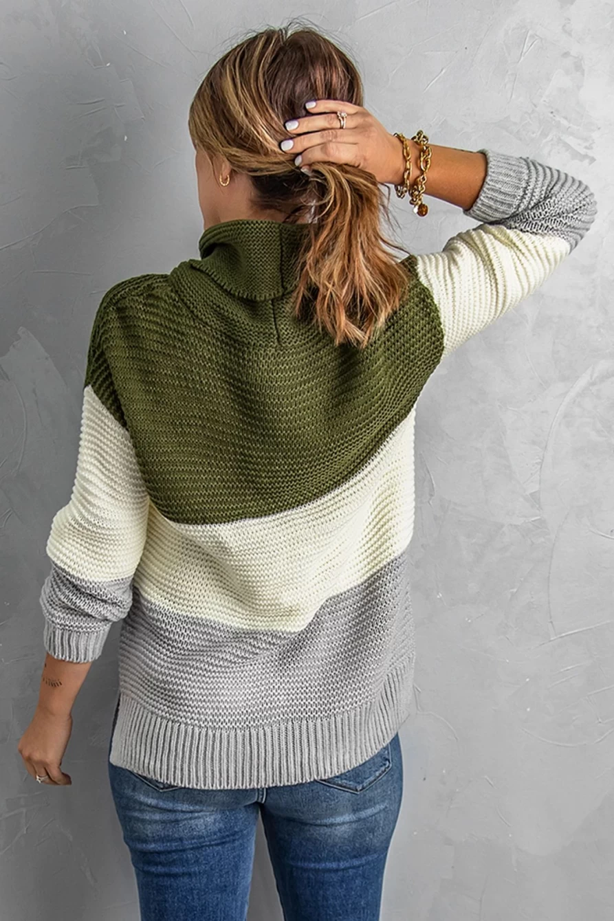 Shewin Women's Green Color Block Knitted Pullover Cowl Neck Sweater