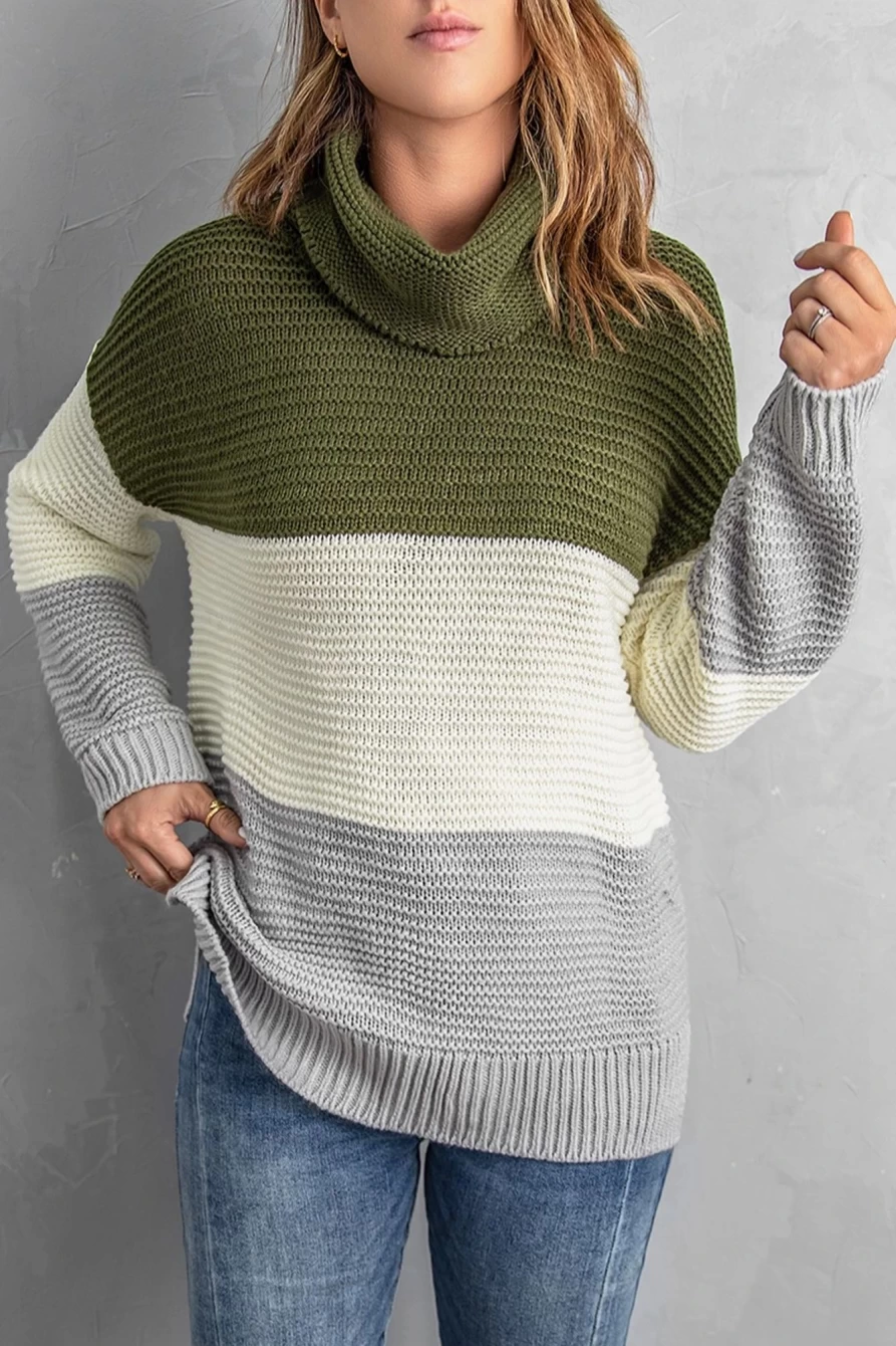 Shewin Women's Green Color Block Knitted Pullover Cowl Neck Sweater