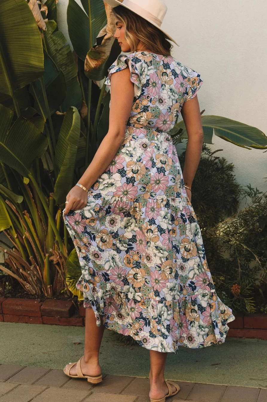 Shewin Women's Purple Floral Long Dress with Layered V-Neck and Ruffle Sleeveless Design