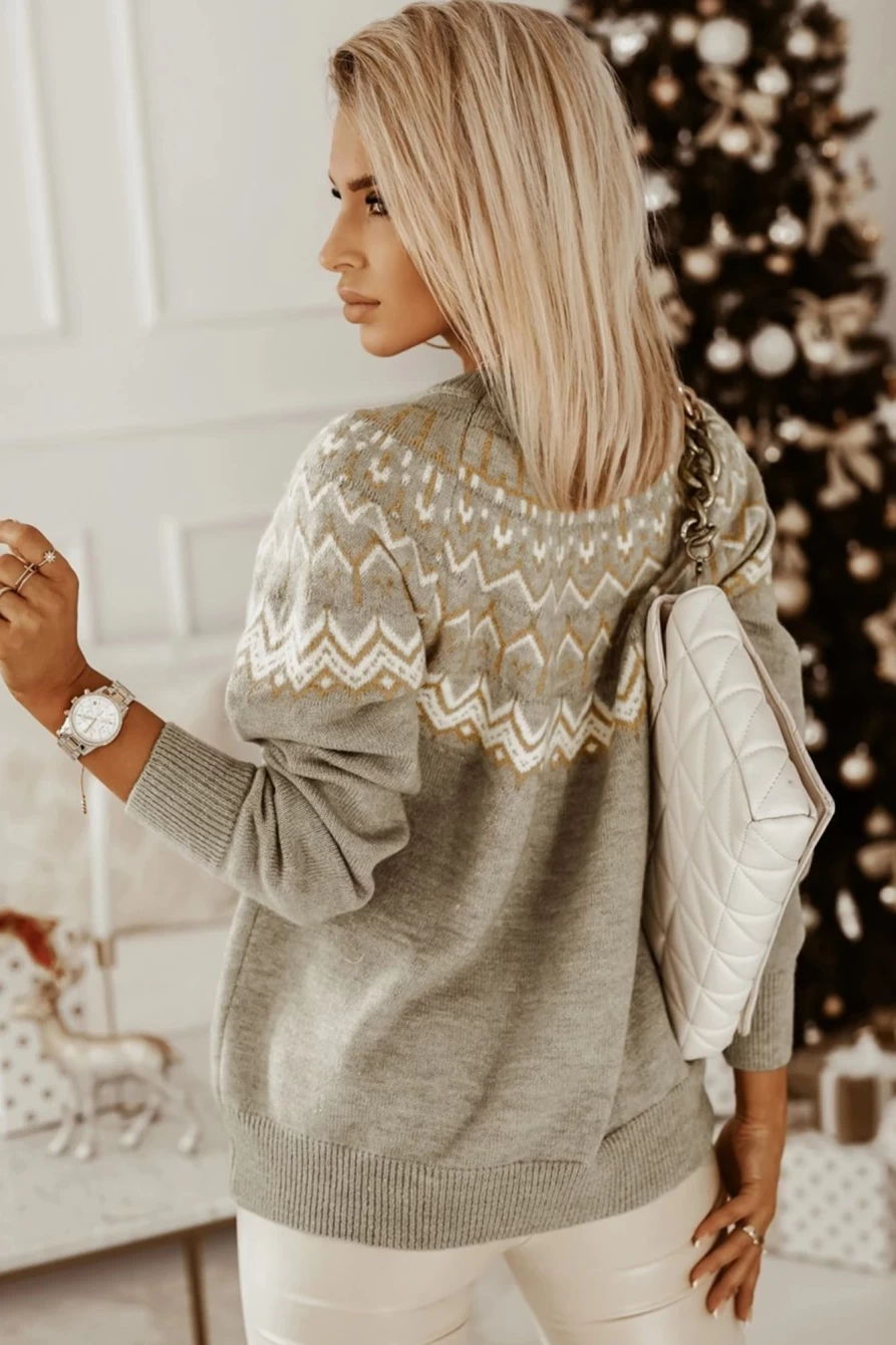 Shewin Women's Gray Geometric Ribbed Knit Sweater with Round Neck